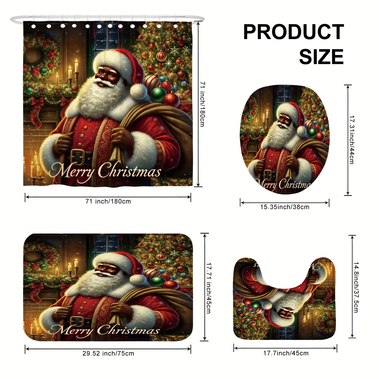 4Pcs Christmas Shower Curtain Set with Santa Tree Wreath, Cute Red Polyester Decor with 12 Hooks, Non-slip Mat, Xmas Gift