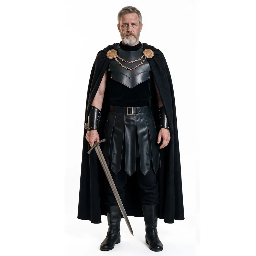 Movie The Odyssey Agamemnon Cosplay Costume Medieval Roman Knight Cape Outfit Halloween Party Cos Black Armor Cloak Suit for Men