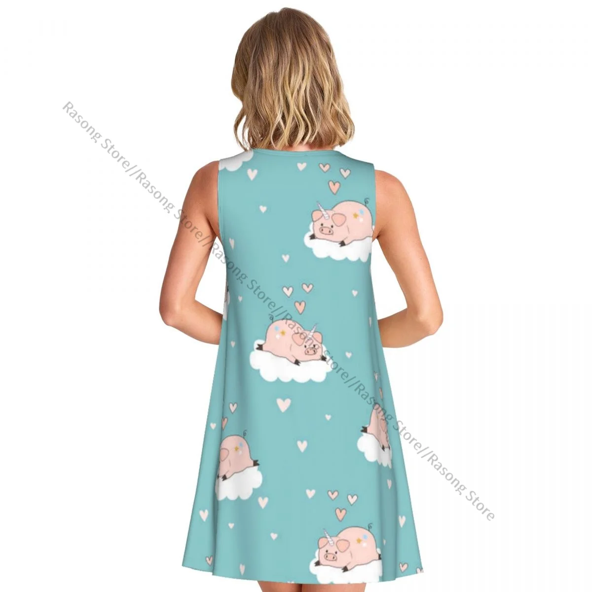 ชุดสตรีฤดูร้อนชุดลําลองเสื้อยืดชายหาดปกคลุมหมูน่ารักยูนิคอร์นรูปแบบชุดถัง