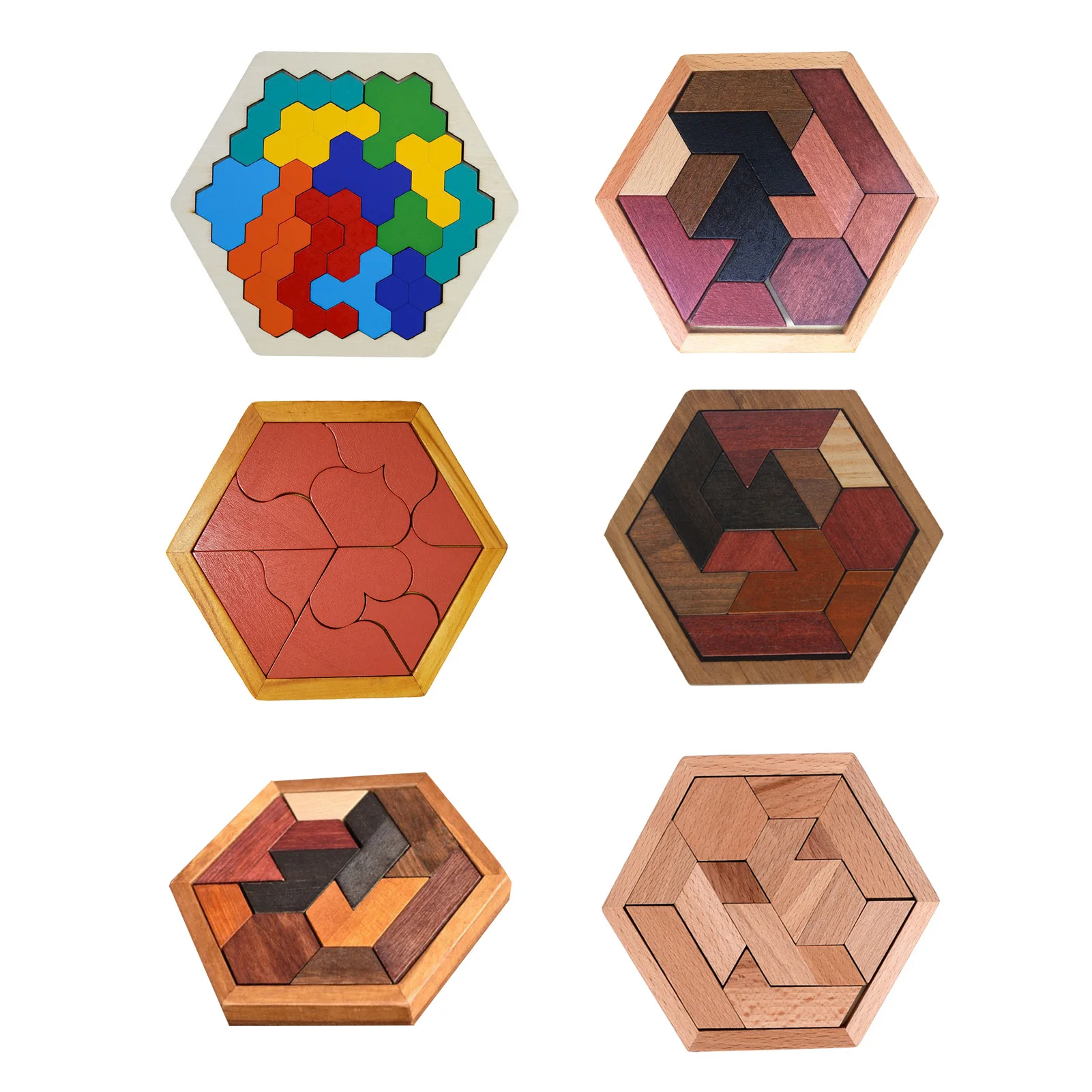 Hexagon Tangram Puzzles Wooden Brain Teaser IQ Game Educational Toys For Childrens Adults Montessori Toys Birthday Gifts