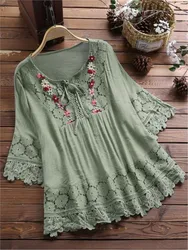 Summer Women Casual Solid Tops Shirt Cotton And Linen Stitching Lace Flower V-neck Loose Top Blouse New Elegant Holiday Shirts