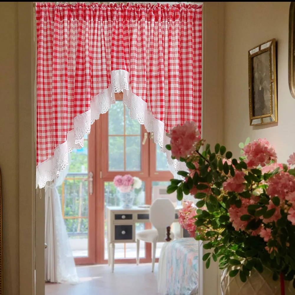 Meia Cortina Xadrez Vermelho Valance para Cozinha Café, Soft Touch Pequena Janela Cortinas, Quarto e Sala de Jantar Decor, Short Swag