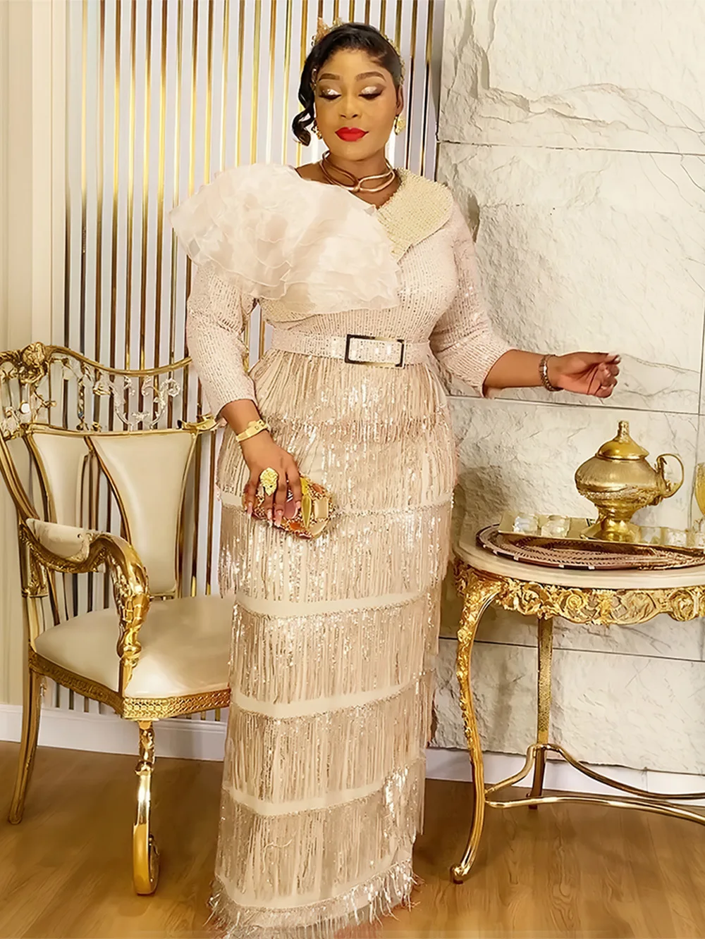 ชุดราตรีงานเลี้ยงหรูหรา ประดับเลื่อม ชุดเดรสยาวสำหรับผู้หญิง งานแต่งงาน งานพรอม ชุดเดรสจีบยาว เสื้อผ้าแอฟริกัน ชุดคาฟทันดูไบ