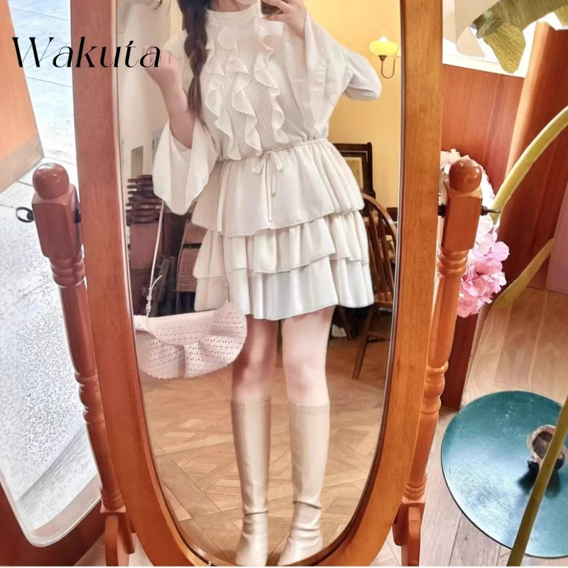 

WAKUTA Japanese Style Fashion Temperament Ruffled Chiffon Dress Simple Hem Pleated Patchwork Dresses Female Clothing Streetwear