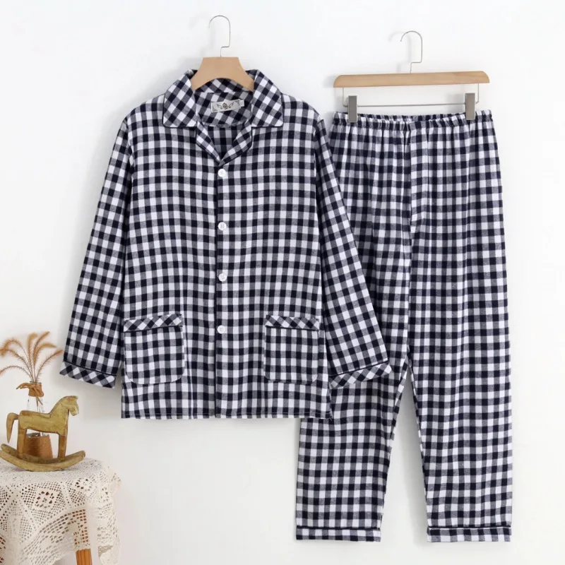 طقم بيجامة للزوجين لربيع وصيف 2025 100% قطن طبقة مزدوجة شاش للرجال والنساء طقم منقوش ياباني بأكمام طويلة غضب منزلي