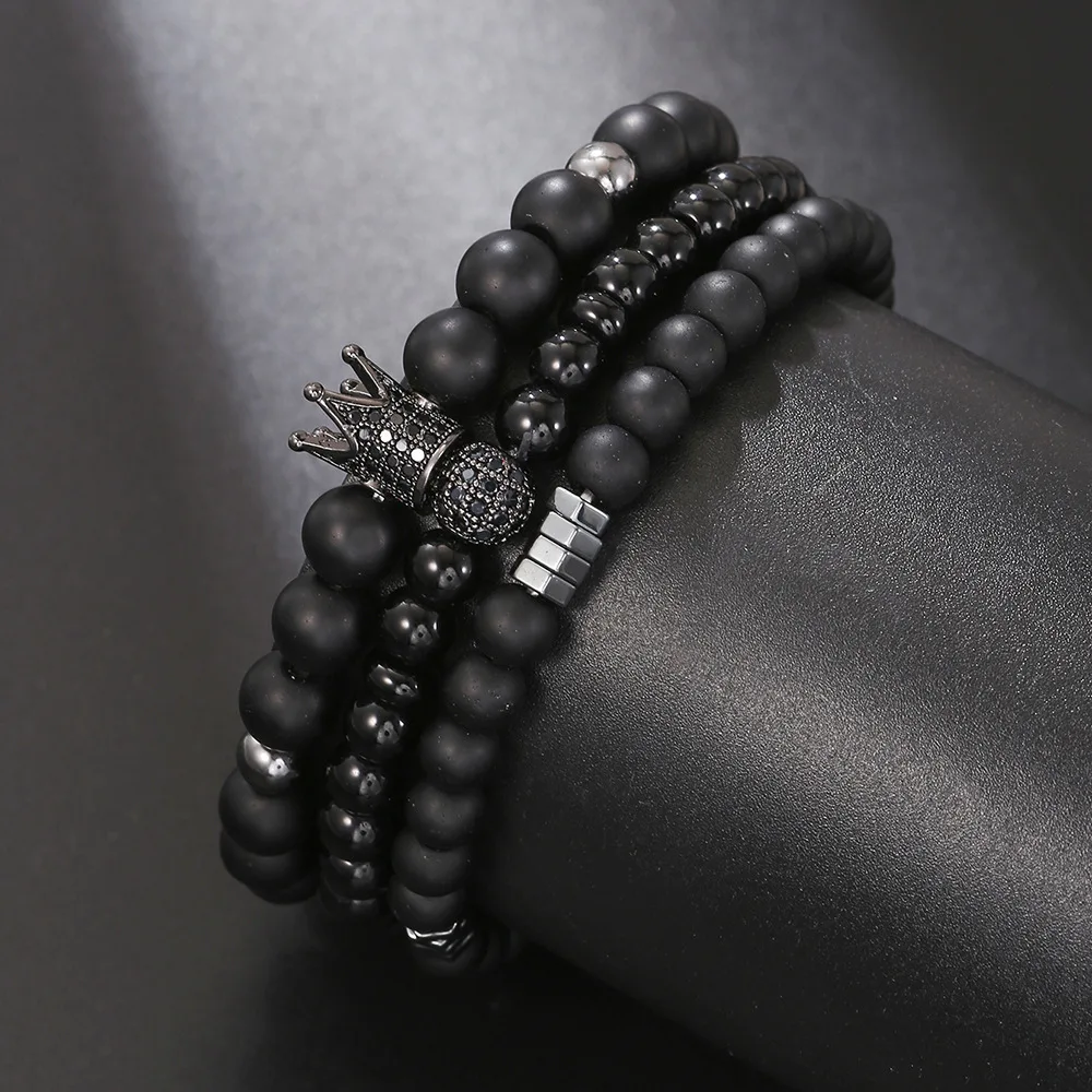 Hot-selling Black Matte Black Gallstone Bracelet Elastic Micro-inlaid Zircon Crown Diamond Ball Bracelet Set Bracelet