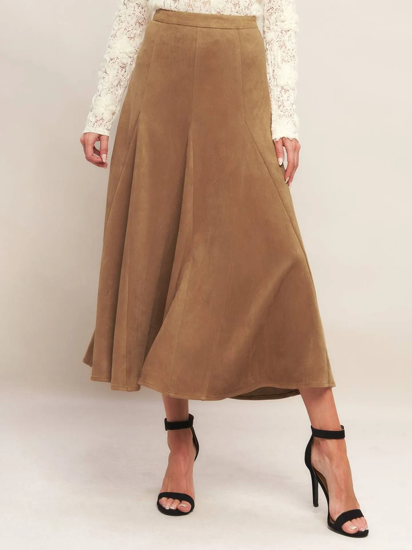 

Autumn Women's Clothing Slimming High Waist A Line Midi Skirt For Woman Elegant Solid Suede Knit Flared Silhouette