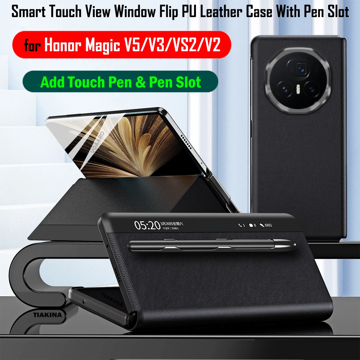 

Smart Touch View Window Flip Leather Cover for Honor Magic V5 V3 VS2 V2 Case Wake Up Sleeping Funda with Pen Slot Add Touch Pen