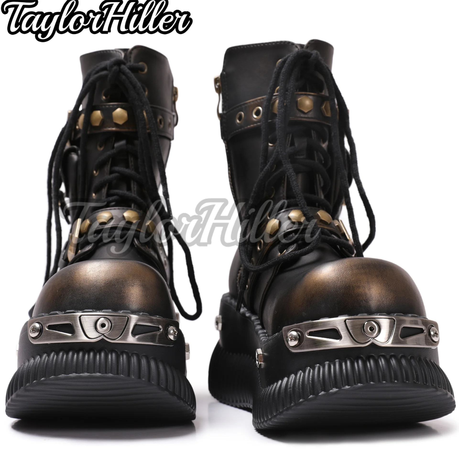 Rock Brown Mixed Color Boots Round Toe Botas Square Heel Belt Rivets Lace Up Shoes Autumn Winter Man Women Zapatos De Mujer 2025 view 3