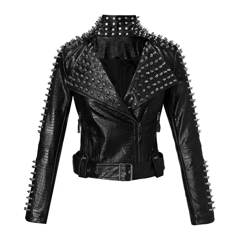 Women Punk Faux Leather PU Black Jacket Studded Rivet Fashion Streetwear Motorcycle Coat