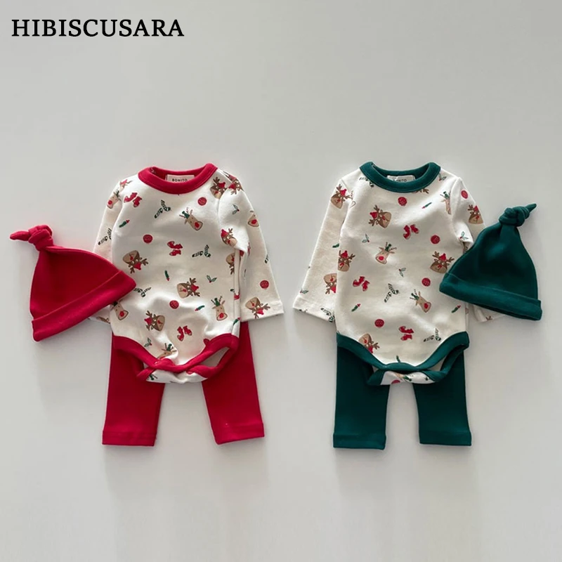 Autumn Winter Cotton Baby Infant Romper Christmas Jumpsuit With Hat Classic Green Red Reindeer Newborn Xmas Pajamas Outfits