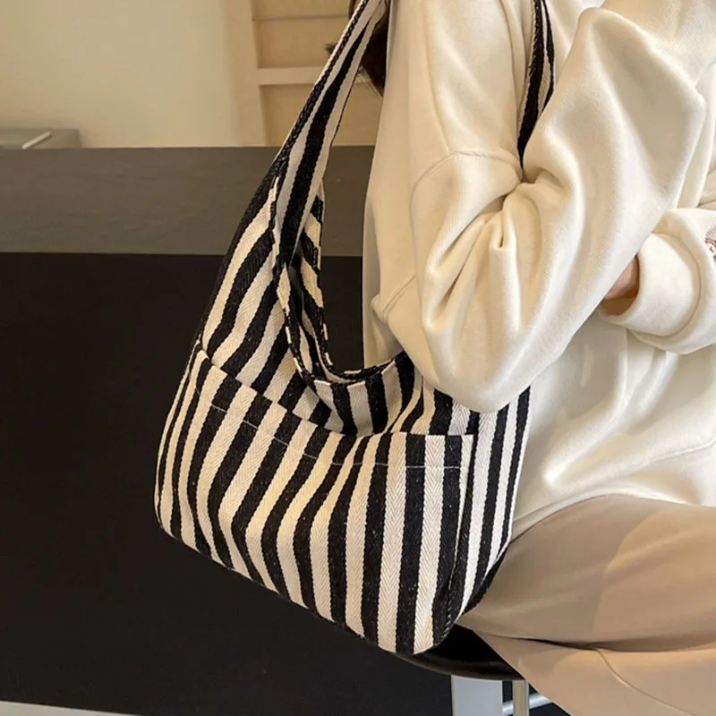 Canvas Bag for Women 2024 New Shopper Handbags Shoulder Tote Bag Casual Stripe Large Capacity School Bags Girls