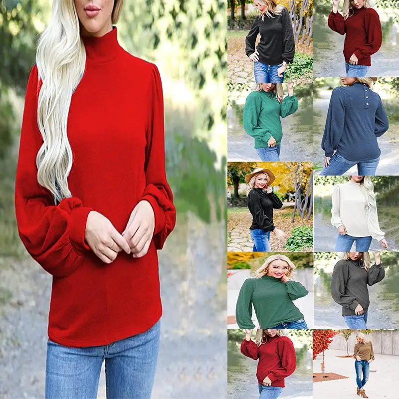 

Women's High Ne Balloon Sve Knitted Sweater Polyester Fiber 3D Effect Winter Faion Casual Comfortable Fit Sweater
