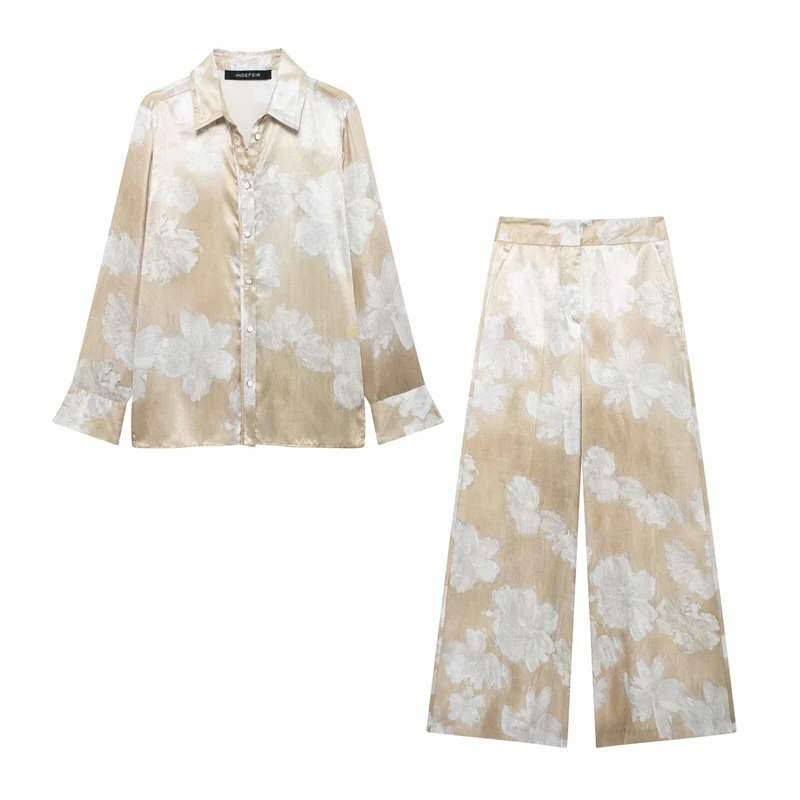 

Women's Suit Spring-Summer 2024 New Fashionable Floral-Print Satin Shirt Printed Pants Elegant chic women's suit