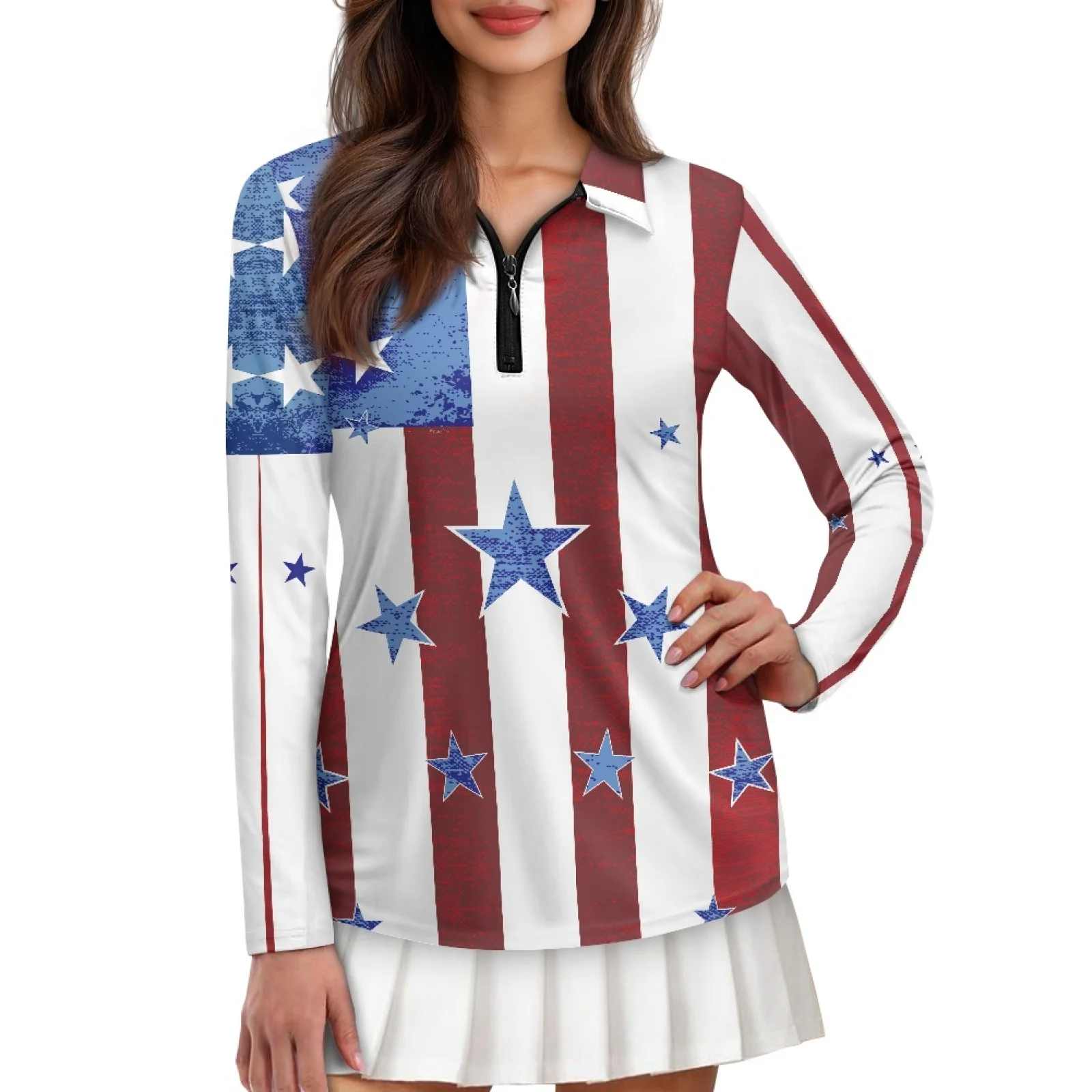 PENSTROLL American Flag Star Print Womens Golf Shirts Pullover for Women Athletic Golf Hiking Shirts Tops for Yoga