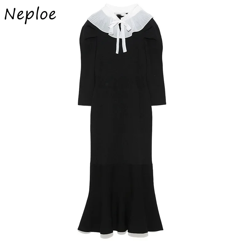 Neploe 2024 Autumn New Women Robe Japan Style Sweet Vestidos Detachable Neckline Lace Collar Solid Slim Ruffles Mermaid Dress