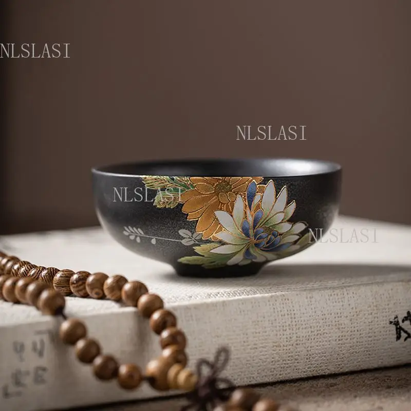4pcs 50ml Black Ceramic Tea Cup with Gold Outlined Colorful Flower Pattern Handleless Kung Fu Teacup for Home Tea Ceremony