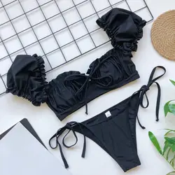 Two-piece 2Pcs/Set Stylish Pure Color Wireless Swimwear Ladies Split Bikini Ruffles Edge   for Vacation