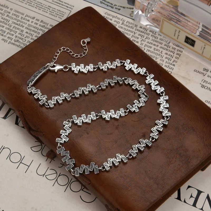 S925 Sterling Silver Vintage Distressed Tang Grass Pattern Fence Necklace Ins Light Luxury Fashion Versatile Collarbone Chain