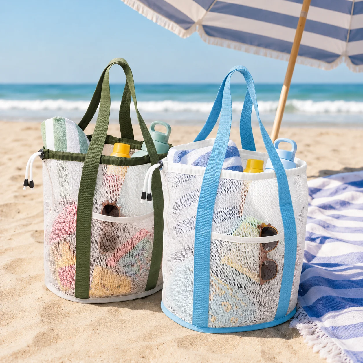 Large-capacity beach bag with a sandresistant mesh design, featuring a drawstring closure and side pocketsessential for family