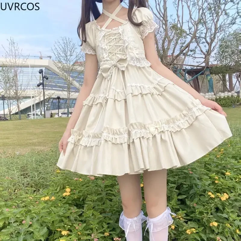 Kawaii ชุดเดรสแขนสั้นสไตล์โลลิต้าชุดเดรสมินิเดรสเข้ารูปแต่งระบายลูกไม้ผูกโบว์น่ารักสำหรับเด็กผู้หญิงชุดเจ้าหญิงแบบกอธิคสำหรับงานปาร์ตี้