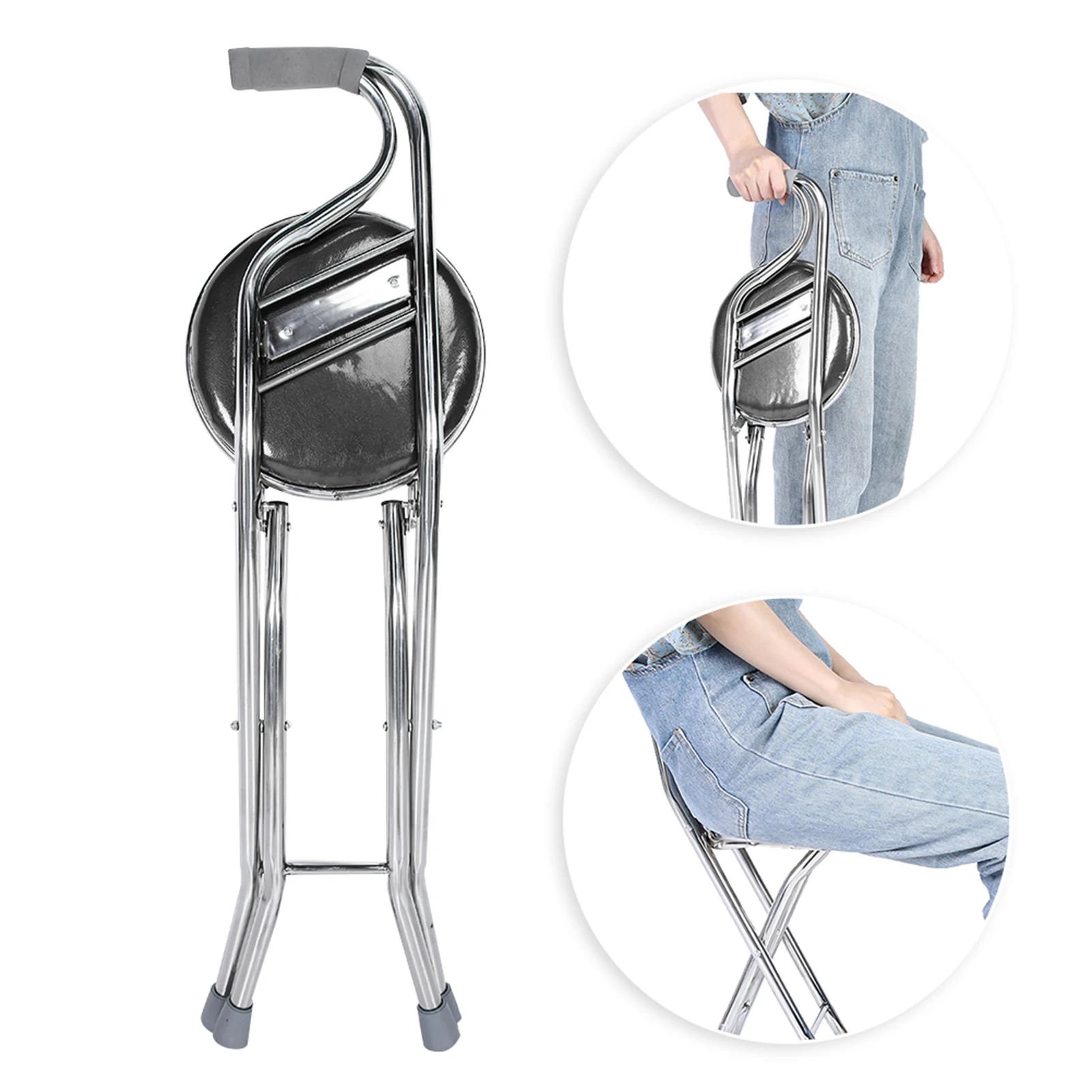 مقعد عصا يد قابل للطي للمشي ، فولاذ مقاوم للصدأ لكبار السن ، قصب سميك بأربعة أرجل ، عصا يد للمشي #3