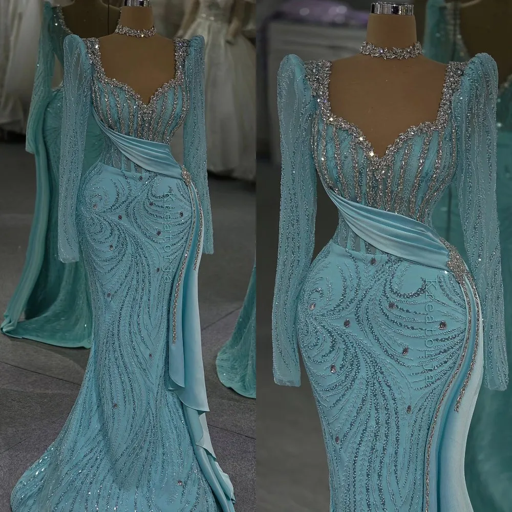 

Gorgeous Evening Dresses Mermaid Crystals Pleat Long Sleeve Prom Gowns Party Dresses Floor Length Customized Robe De Soirée