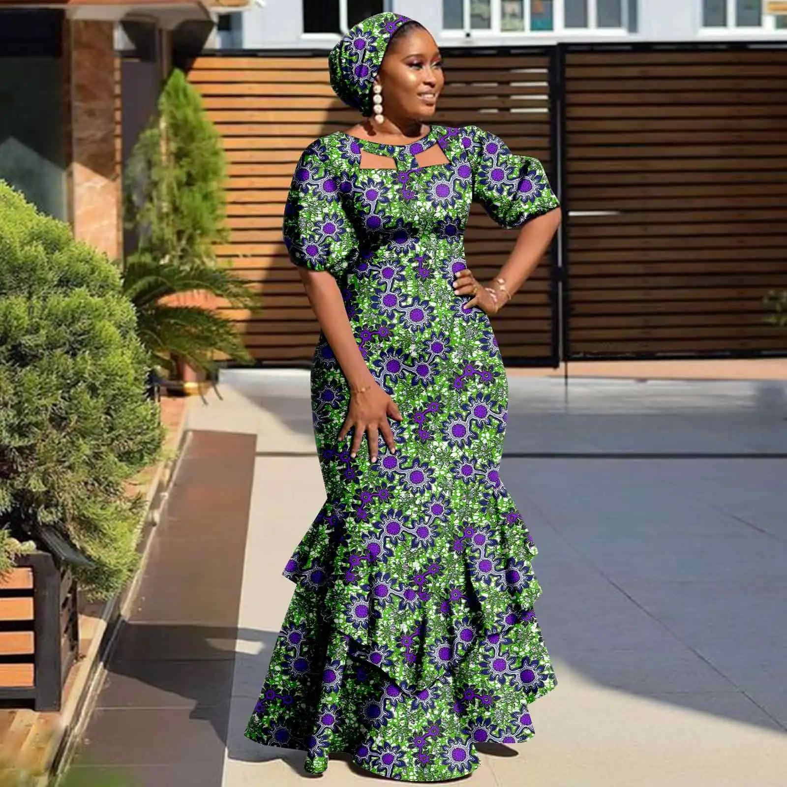 Evening Dresses African Dresses for Women Print Ruffles Maxi Dress with Free Headwrap Elegant Lady Party Wedding Gown Y2225020