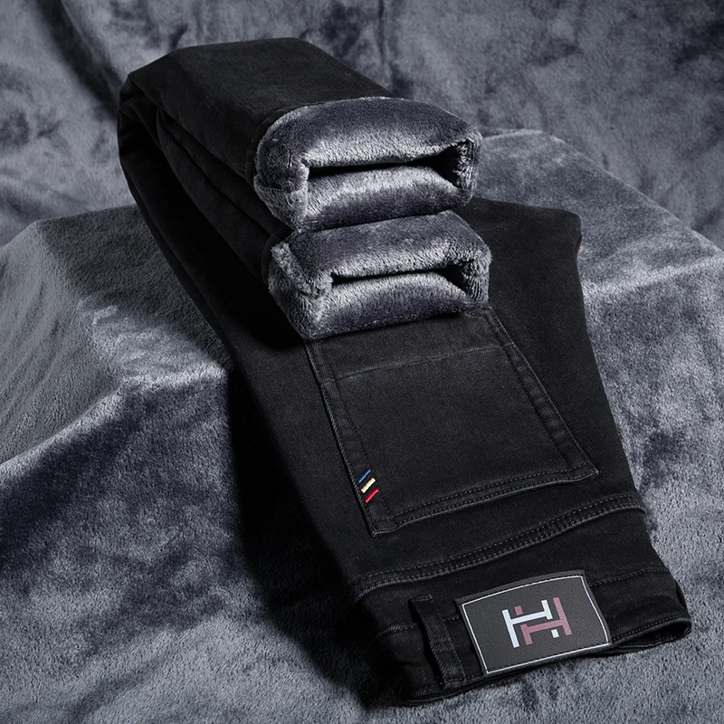 

Зимние мужские флисовые джинсы, прямые тонкие эластичные модные деловые джинсовые брюки, утепленные теплые мужские плюшевые брюки, брендовая одежда