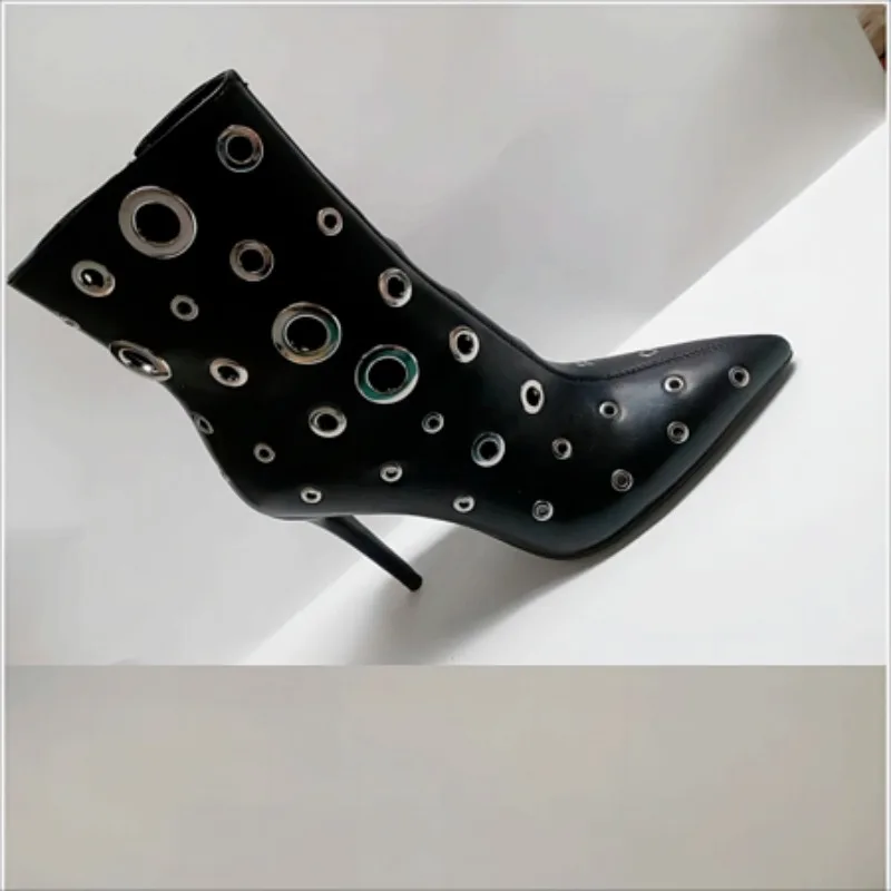 2024 Fashion Metal Ring Decoration Hollow Short Boots Fish Eyes Thin Heels Cool Boots New Autumn Leather Zipper Sexy Boots 35-43