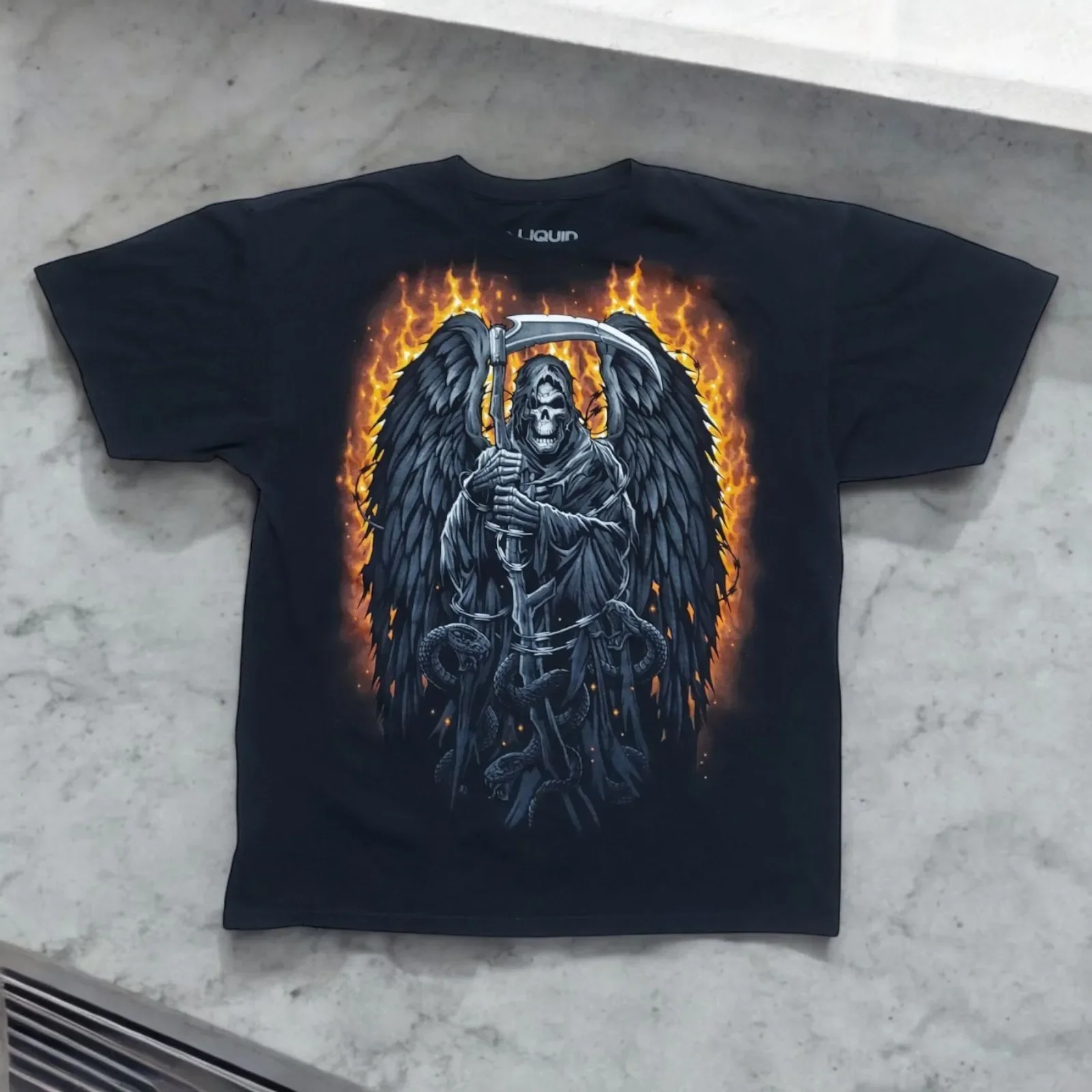 Liquid Blue Grim Reaper T-Shirt Mens XL Black Grunge Snakes And Fire