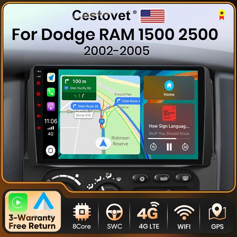 Cestovet راديو السيارة الاندورويد 2 Din ستيريو Autoradio Carplay Auto لدودج رام 2002-2005 مشغل وسائط متعددة شاشة تعمل باللمس BT GPS FM