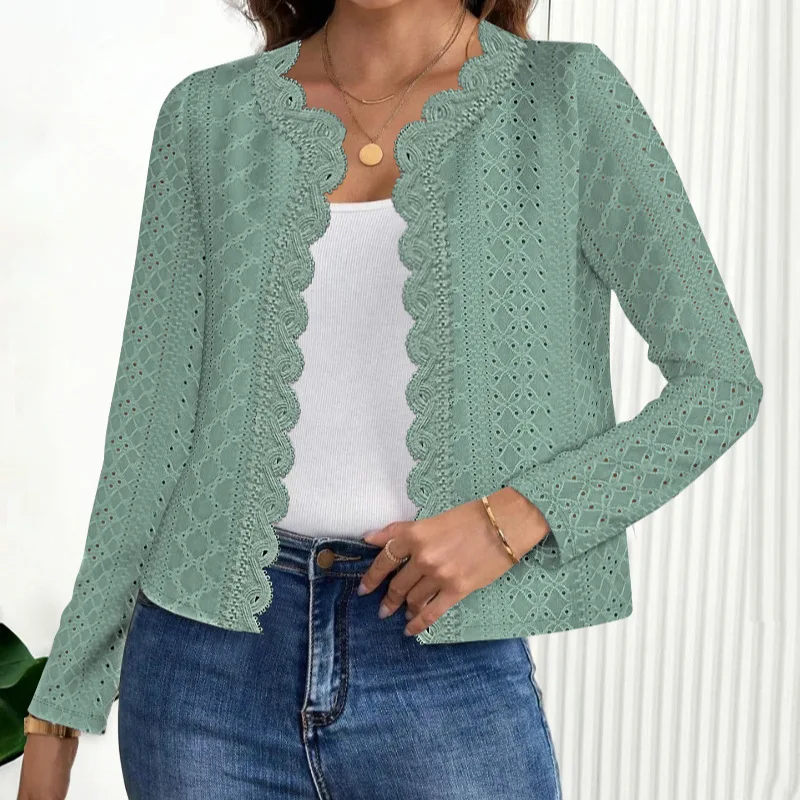 

Women Jacquard Contrast Lace Scallop Trim Open Front Coat Casual Breathable Crop Cardigan