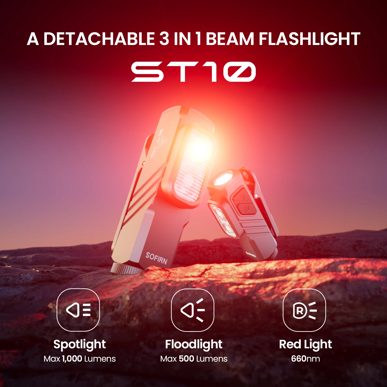 Mini ST10 1000LM EDC Flashlight USB C 14500 Rechargeable with Red Light 660NM Magnetic Tail & clip Dual Switch Torch