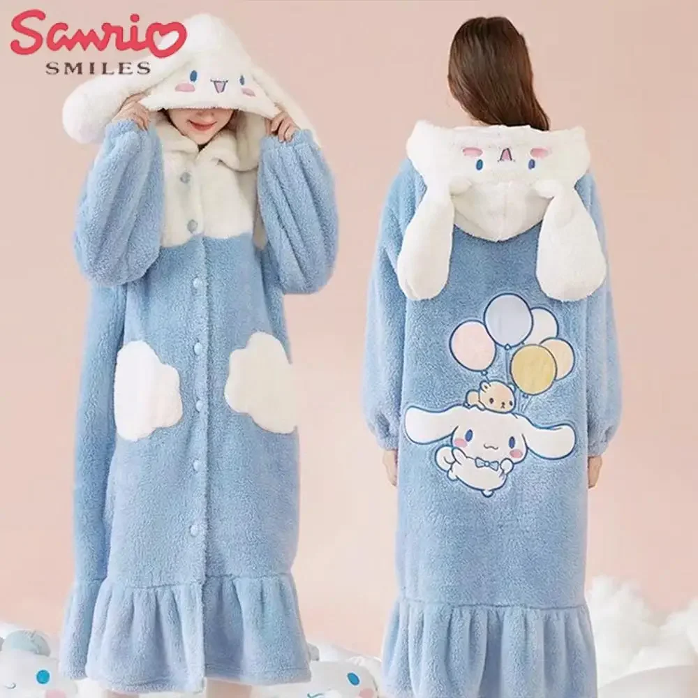 Kawaii Hello Kitty 2Pcs Plush Pajamas Night-Robe Suit Sanrioed Anime Kuromi Homewear Winter Long Style Thickened Nightgown Pants