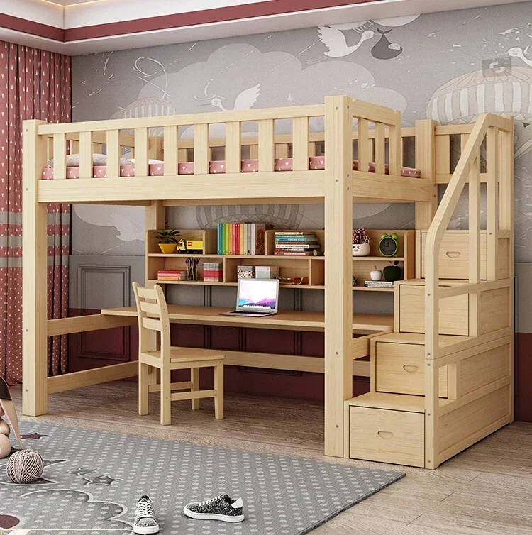 Full solid wood elevated bed, and table, children's upper and lower bunks, combined with a desk, adult dormitory