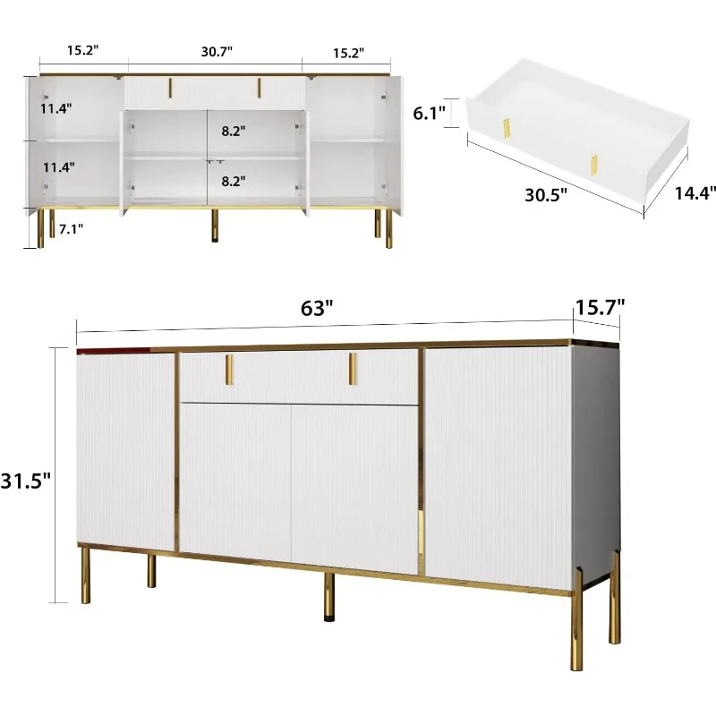 Modern Credenza Sideboard Buffet with Drawer & Pop-Up Doors, Buffet Sideboard Storage Cabinet with Gold Metal Legs