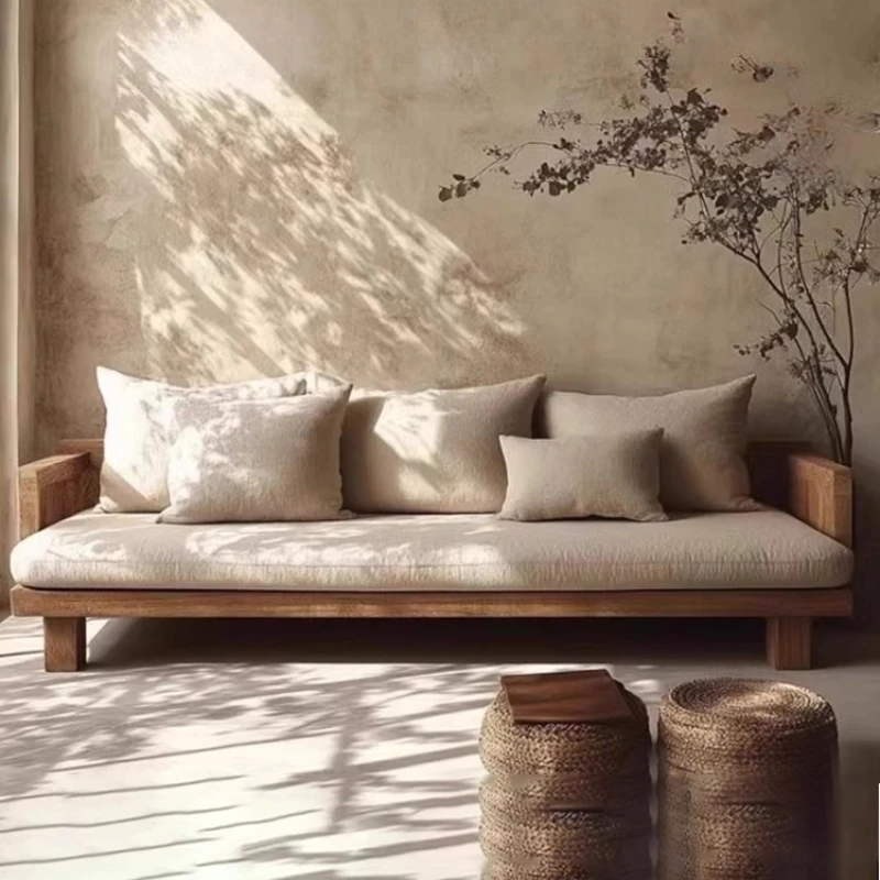 أريكة قائمة على الأرض سجل Wabi-sabi نمط أريكة خشبية صلبة قابلة للإزالة وقابل للغسل منطقة الراحة أثاث غرفة المعيشة أريكة الصنوبر
