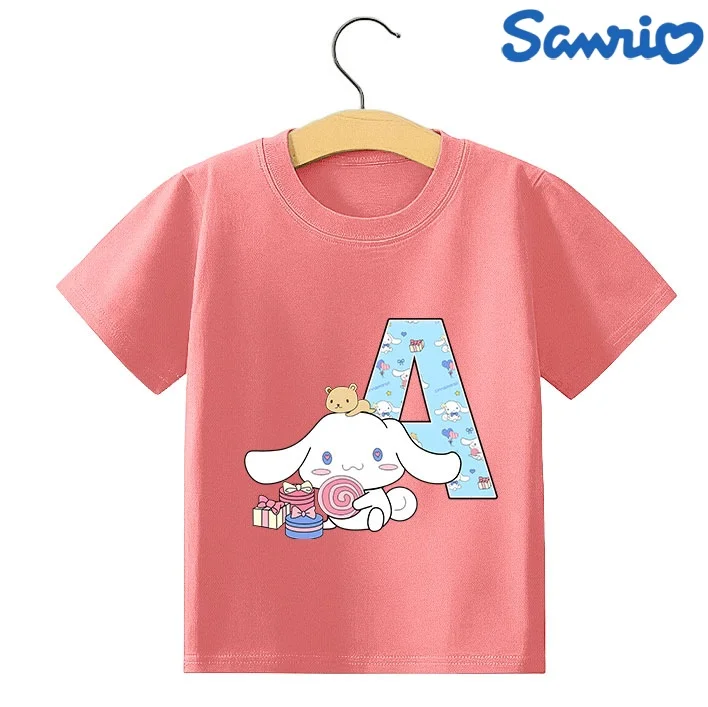 

Cute Cinnamoroll Girl T-shirt Cotton Sanrio Letters A-Z Anime Print Tee Shirt Kids Streetwear Casual Clothes Girly Child Kawaii