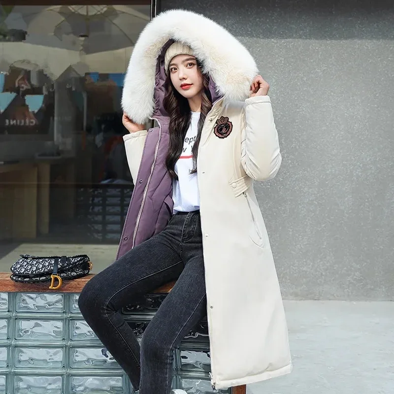 Fashion Winter Hooded Parkas Big Fur Collar Padded Long Down Cotton Jacket Warm Wear Both Sides Puffer Snow Overcoat R188