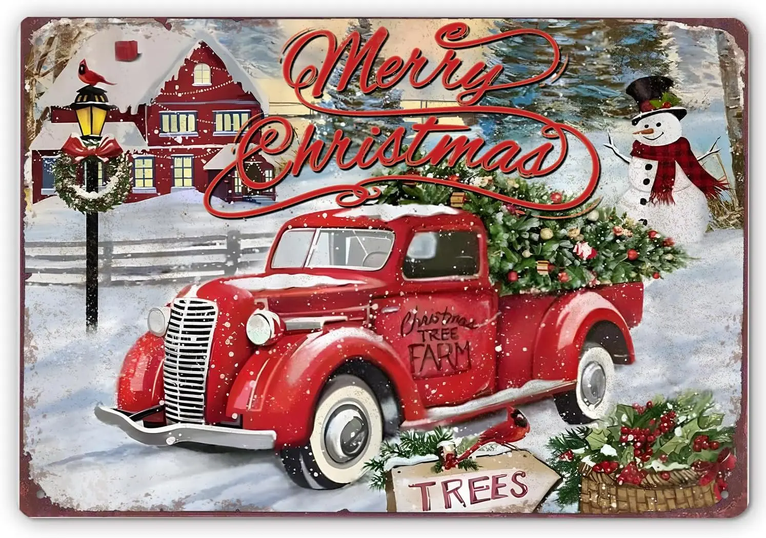 merry christmas sign metal poster, red truck decor, vintage farmhouse winter christm