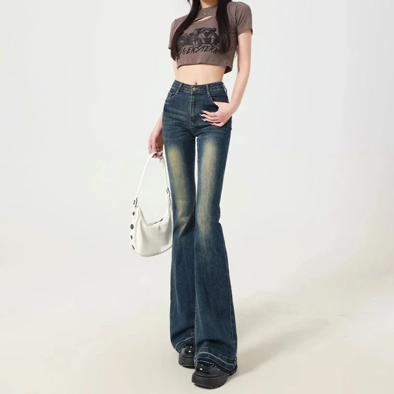 Women's Blue Y2k Flare Jeans Baggy Harajuku Streetwear Aesthetic Denim Trousers Jean Pants Oversize Vintage 2000s Trashy Clothes