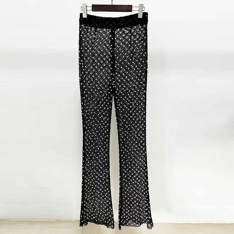 

Elegant Embroidered Flares Pants 2024 Spring For Women Solid Polyester Sexy Holiday Party Club