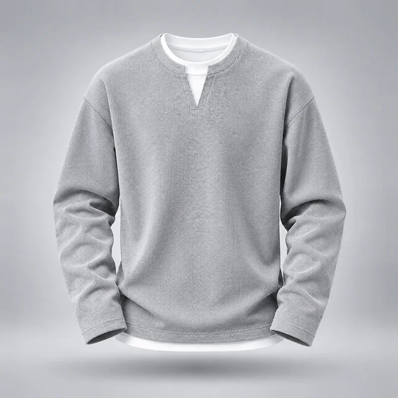 Men Fake Two Piece Long Sleeve T Shirt V Notch Crew Neck Waffle Knit Gray Textured Casual Loose Basic Autumn Undershirt
