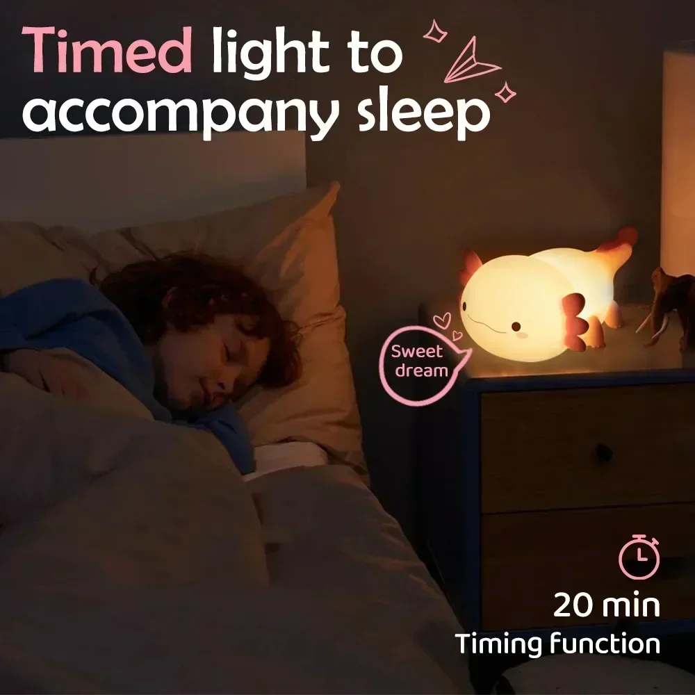 Axolotl-luz nocturna LED para niños, lámpara de noche para dormir, 2 modos, Control táctil, recargable por USB, lámpara de mesa para bebés y niños