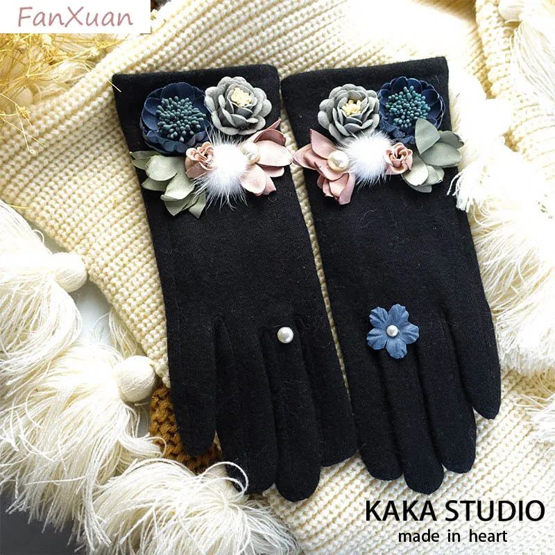 luxury-gloves-for-women-autumn-winter-black-gray-pink-cashmere-flower-elegant-gloves-female-gift