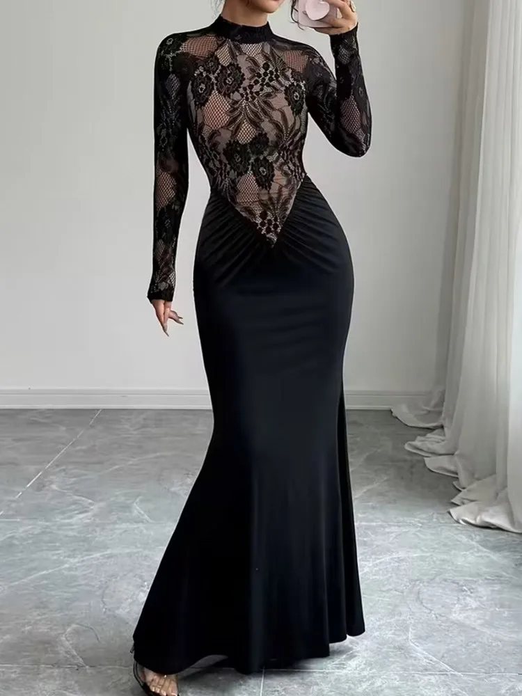 2026 Spring Autumn Winter Dress Women Long Sleeve O-Neck Solid Sexy Elegant Evening Party Skinny Stretch Maxi Bodycon Dresses