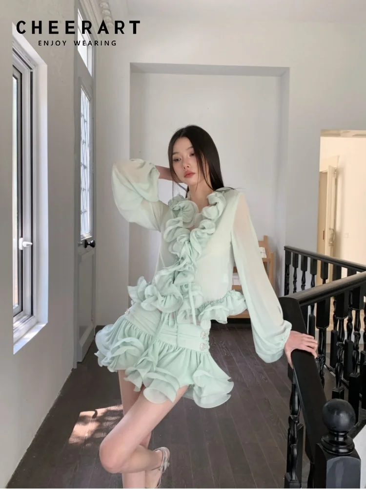 

CHEERART Designer Ruffles Summer Vacation Outfits Woman Chiffon Mini Skirt 2 Pieces Set Sheer Long Sleeve Blouse Top Luxury