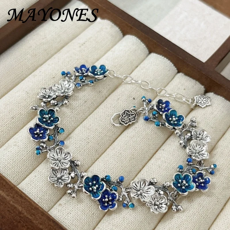 True S999 Silver Handmade Charm Jewelry for Women's Retro Plum Blossom Bell Bracelet Burnt Blue Enamel Color Birthday Gift