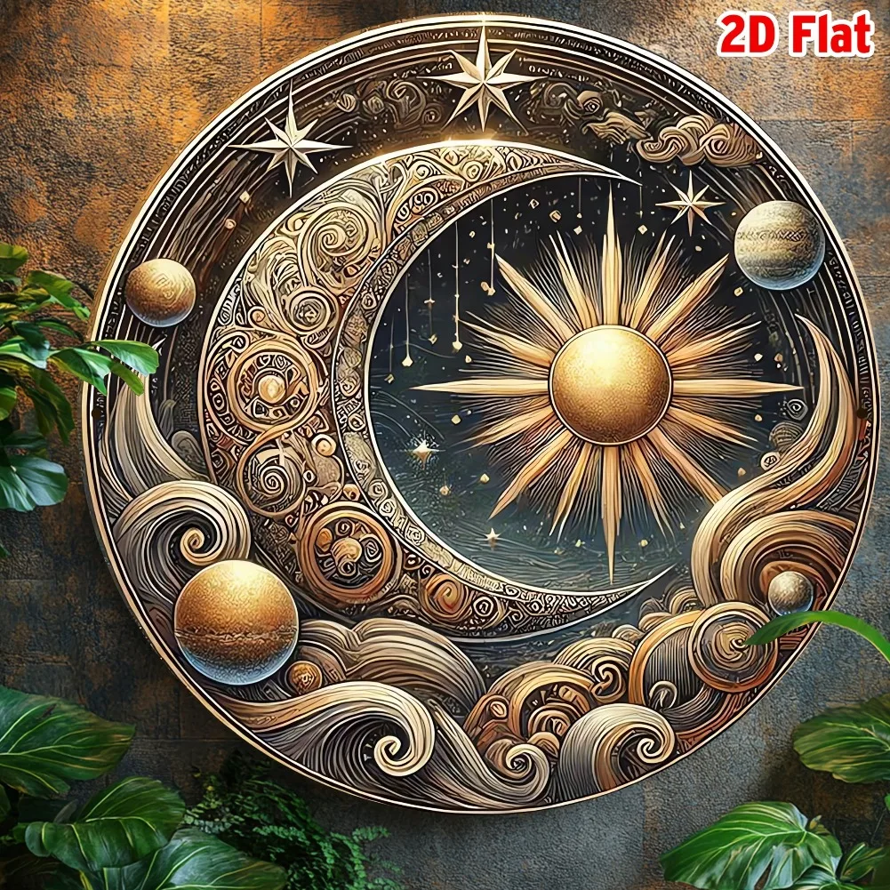 2D Flat 1pc Vintage Mystical Moon and Sun Wall Art Intricate Floral Relief with Stars and Planets, Aluminum Round Decor view 5